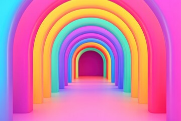 Poster - Vibrant rainbow arches create a mesmerizing corridor of color in an artistic space, Colorful rainbow arches with vibrant gradient hues