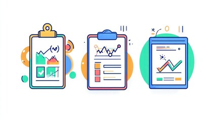 Poster - Colorful clipboards with graphs and data, business reports, modern design