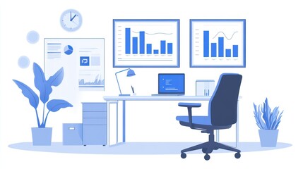 Poster - Modern Office Workspace with Charts & Laptop. Use Business Presentation Background
