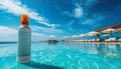 a sunscreen spray bottle beside a clear blue pool, surrounded by sun loungers and umbrellas, with a 