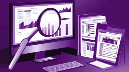 Poster - Business data analysis, computer screens, documents, magnifying glass