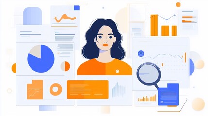 Poster - Woman analyzing data, modern interface, various reports