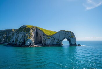 Poster - Coastal Arch Majesty. Turquoise Waters Frame A Natural Rock Formation Against Grassy Cliffs. Sunlight Dances On The Serene Sea. A Landscape Of Unparalleled Beauty.