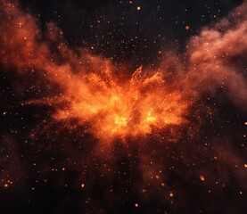 Fototapete - Bright Orange Explosion with Dynamic Particles and Smoke Effects in a Dark Background for Creative Visual Projects and Designs