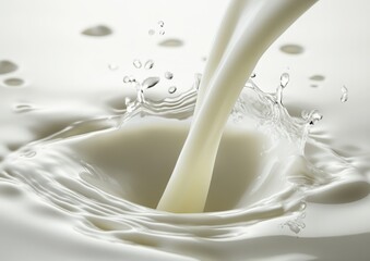 Poster - Close-Up View of Fresh Milk Splashing into Creamy Liquid Creating Beautiful Droplets and Ripples on a Light Background