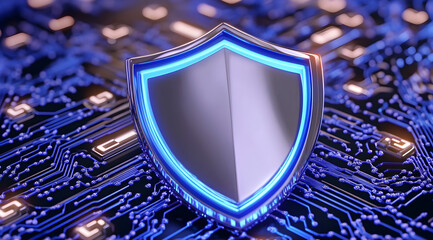 Fototapete - A Captivating Digital Shield Icon Emitting Electric Blue Neon Glow Set Against a Futuristic Computer Circuit Background, Symbolizing Cybersecurity and Protection