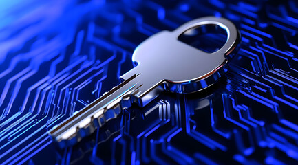 Fototapete - A Radiant Futuristic Key Icon Set Against a High-Tech Circuit Background, Illuminated in Cool Blue Neon Light, Symbolizing Security and Innovation
