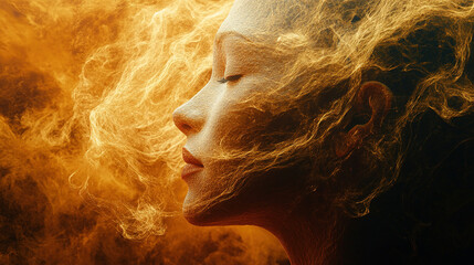 Poster - Dreamy portrait of a woman surrounded by ethereal smoke studio setting fine art photography close-up view surreal concept