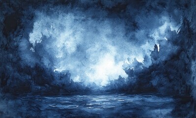 Poster - Dark Blue Abstract Watercolor Art with Ethereal Cloud Patterns and Calm Water Reflections in an Enigmatic Atmosphere
