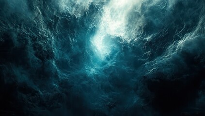 Poster - Dramatic Turbulent Ocean Waves with Deep Blue Tones and Play of Light Creating a Mysterious Atmospheric Scene