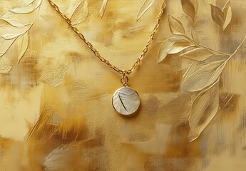 Poster - Elegant gold necklace with a leaf pendant against a textured golden background featuring delicate leaf engravings and artistic brush strokes