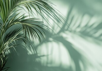 Poster - Elegant Green Palm Leaves Casting Refreshing Shadows Against Soft Mint Wall Creating a Tranquil and Serene Atmosphere in Indoor Space