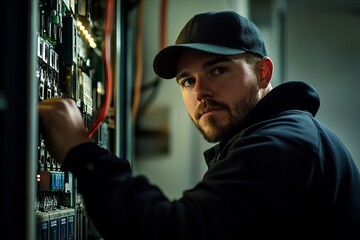 Poster - Focused Technician Working on Complex Electrical Panel System Maintenance Repair Troubleshooting Industrial Electrical Engineering Technology man job 
