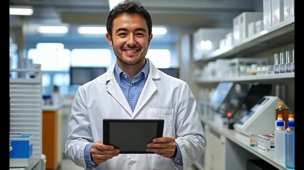 Aufkleber - a proud male researcher stands in a contemporary laboratory. he holds a tablet, symbolizing technolo