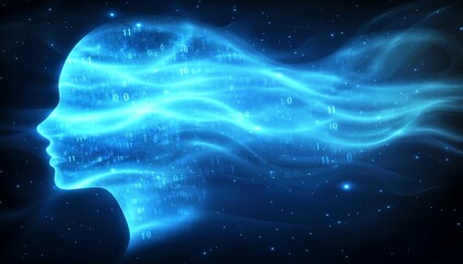 Poster - Profile Of A Head With Glowing Circuitry And Binary Digits Flow, Against A Dark Background.