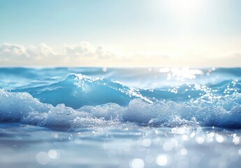 Poster - Gentle Ocean Waves with Soft Blue Tones and Glimmers of Sunlight Reflecting on the Water Surface Under a Clear Sky