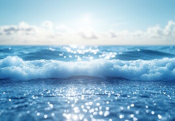 Poster - Gentle Ocean Waves Splashing Under a Bright Sunlight with Sparkling Water Surface and Soft Blue Sky in a Serene Coastal Landscape