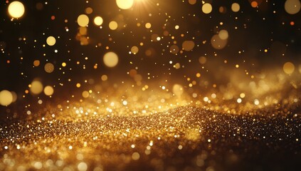 Poster - Golden Glitter Particles with Soft Bokeh Effect Creating Dreamy Abstract Background for Luxurious and Festive Concepts