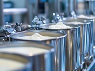 Poster - Industrial Milk Processing Equipment with Smooth Creamy Texture in Silver Containers at Dairy Production Facility