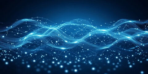Poster - Abstract Blue Wave Flow Of Data. Big Data Technology And Digital Landscape With glowing Lines