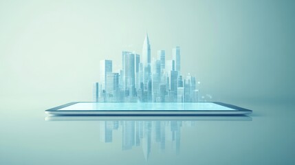 Poster - Holographic city on tablet; futuristic concept; architectural visualization; possible use in technology marketing