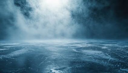 Poster - Serene Ice Surface Under Soft Light with Misty Atmosphere, Perfect for Winter Sports Backgrounds and Cool Themes