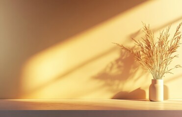 Poster - Serene Minimalist Decor with Dried Grasses in a White Vase Against a Warm Sunlit Wall for Modern Interior Design Inspiration