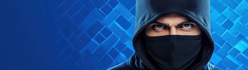 Poster - Mysterious Hacker Behind a Firewall in Neon Blue Background with Intense Expression