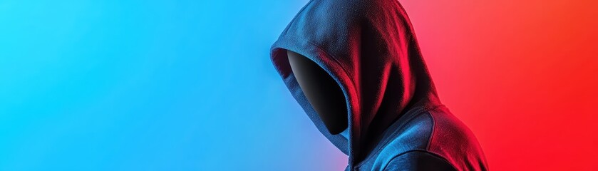 Poster - Mysterious Hacker in Hoodie Behind Neon Firewall with Blue and Red Background Lighting