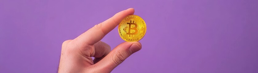 Poster - Hand Holding Cryptocurrency Coin on Neon Purple Background for Digital Finance Concept