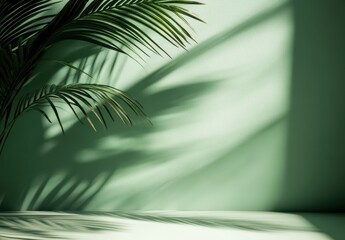 Poster - Sunlight Casting Shadows from Palm Leaves on a Soft Green Wall in a Modern Minimalist Setting for Peaceful and Tranquil Atmosphere