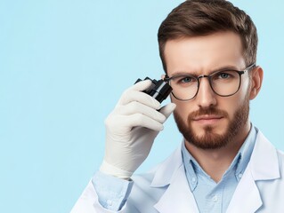 Poster - scientist in lab coat holding microscope on light blue background for research and innovation