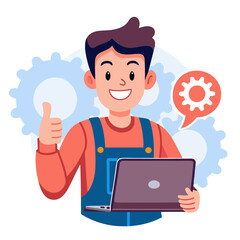 Poster - A happy customer holds a repaired laptop while giving a thumbs up, indicating satisfaction with the service. The background features gears, symbolizing technical work