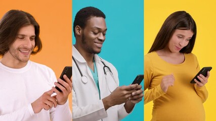 Poster - Three individuals display a range of emotions while engaged with their smartphones against colorful backgrounds. Each person, dressed in varying styles, illustrates curiosity, amusement, and surprise.