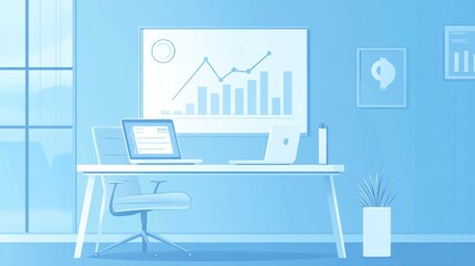 Poster - Modern office workspace with graphs, productivity,  work from home