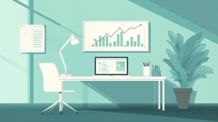 Poster - Modern office workspace with computer and charts. Possible use Stock photo for business presentations or websites