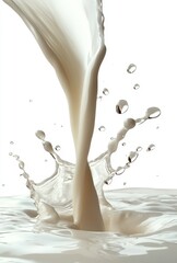 Poster - Captivating High-Speed Splash of Milk Creating Beautiful Ripples and Droplets Against a Clean White Background in a Dynamic Culinary Setting