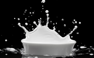 Poster - Captivating Splash of Fresh Milk Against a Dark Background, Highlighting Fluid Motion and Pure White Color in a Stunning Visual Display of Energy