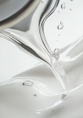 Poster - Clear Liquid Flowing Gracefully with Bubbles and Reflections Against a Soft White Background in a Minimalistic Style