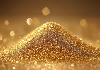 Poster - Close-Up View of Sparkling Gold Glitter Pile with Soft Bokeh Background for Elegant and Luxurious Themes