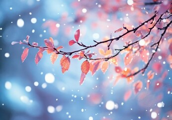 Poster - Delicate winter scene with frost-covered leaves and soft falling snowflakes creating a tranquil atmosphere in a serene forest setting