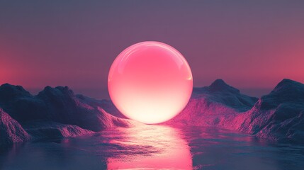 Wall Mural - a glowing pink sphere sits above a textured landscape reflection