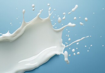 Poster - Dynamic and Vibrant Splash of Fresh Milk Against a Soft Blue Background Capturing the Essence of Fluid Motion and Pure Whiteness in a Playful Display