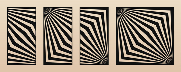 Fototapete - Laser cut pattern set. Vector abstract geometric templates with lines, stripes, zigzag, chevron, optical illusion. Decorative stencils for cutting of wood, metal, paper, plywood. Aspect ratio 1:2, 1:1