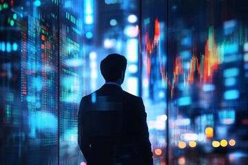 Poster - businessman analyzing financial data stock market trends futuristic cityscape digital technology bac