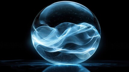 Poster - Ethereal Blue Sphere with Flowing Light Waves on Black Background