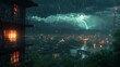© Purnomo adi - Rainy night cityscape, lightning storm, mountain backdrop, building detail, game asset