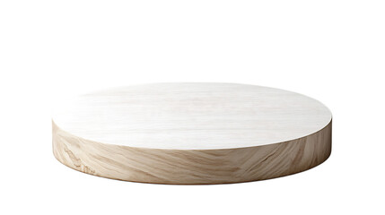 White round platform with a wooden textured base, perfect for product display and presentations with a natural aesthetic. Isolated on transparent background.