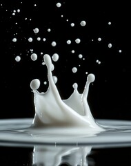 Poster - High-Speed Capture of Milk Splashing on a Dark Background with Droplets Freezing in Motion Creating an Artistic and Dynamic Visual Display
