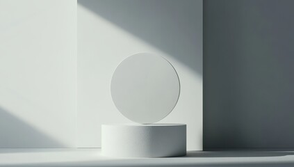 Poster - Minimalist design with geometric shapes featuring a white circle and cylindrical base in a soft-lit modern interior space